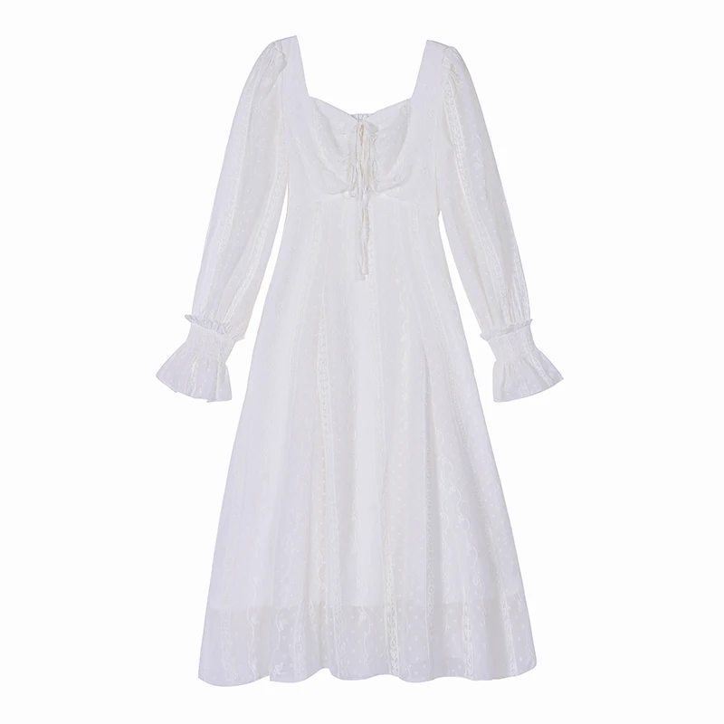Spring and Autumn Retro Elegant Flare Sleeve Square Collar Waist Slim Long Lace Dress