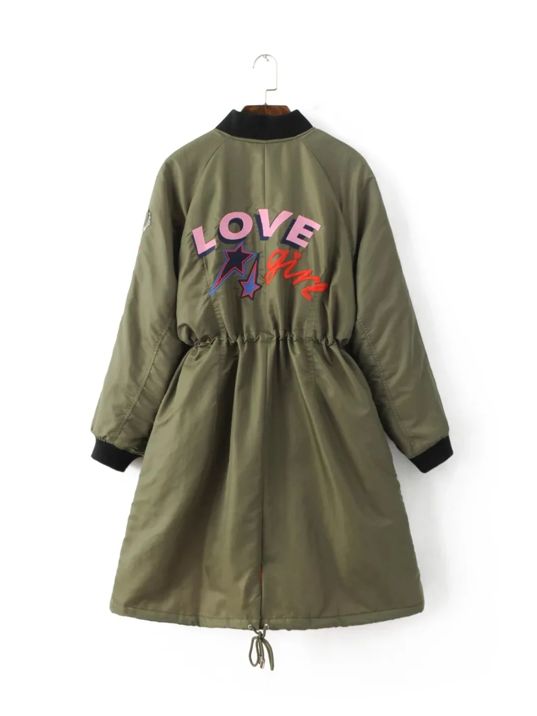 

Autumn Back Embroidered LOVE Lettered Drawstring Long Solid Color Jacket Cotton-padded Clothes Baseball Uniform Coat WOMEN'S Dre
