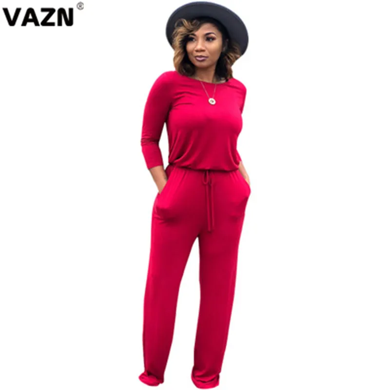 VAZN YM-8303 с круглым вырезом, однотонные шифоновые спортивные костюмы с высокой улицей, повседневные женские комбинезоны с длинными рукавами - Цвет: Красный