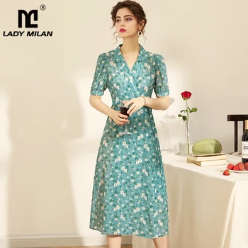 

100% Silk Dresses Notched Collar Short Sleeves Printed Lace Up Fashion Casual Mid Calf Elegant Dresses