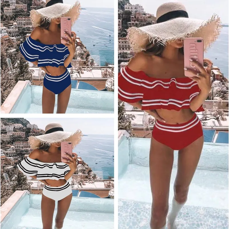 

2020 new sexy female bikini set Mujer ruffled top high waist one-shoulder tube top large size swimsuit sea bather swimsuit