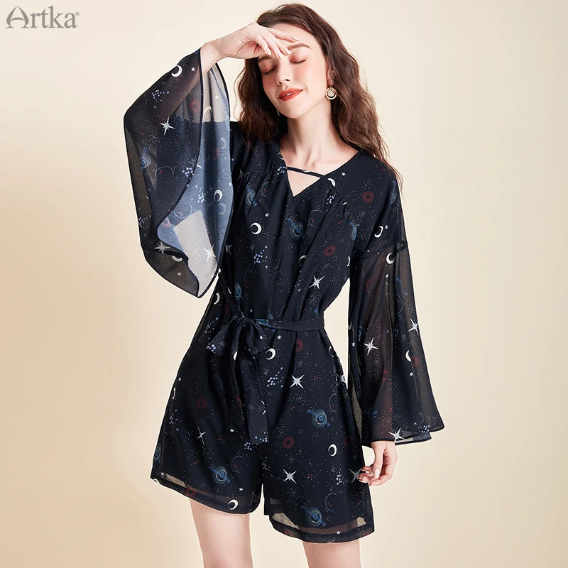 Женский шифоновый комбинезон ARTKA Свободный с v образным вырезом и Расклешенным