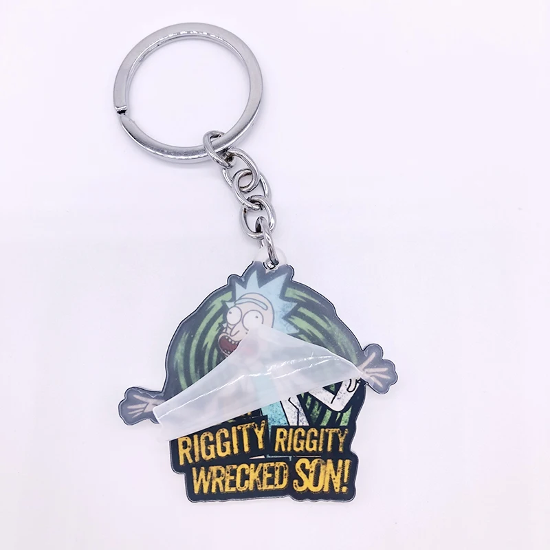 Cartoon Rick and Morty Keychains For Women Anime Funny Rick GET RIGGITY RIGGITY WRECKED SON Acrylic Key Chains Keyring Jewelry