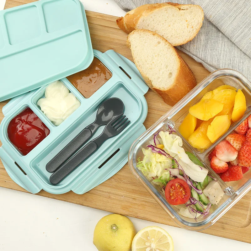 Новый стиль стеклянный Ланч бокс с подносом для приправ бэнто микроволновой печи