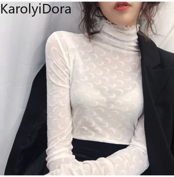 

Lace T-shirt Moon Print Spring Women Long Sleeve Slim Turtleneck Bottoming Tops Pullover Fashion Casual Tshirt
