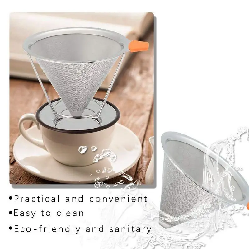 ABUI-Pour Over Coffee Filter Reusable Beehive Double Mesh Stainless Steel Cone Coffee Dripper Paperless with Separate Stand Spoo