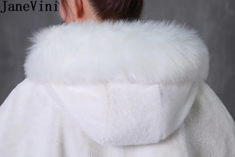 JaneVini Winter Women Fur Coat with Hat Hooded Faux Fur Wrap Wedding Dress Bolero White Shrugs Cloak Capes Stoles cape mariage