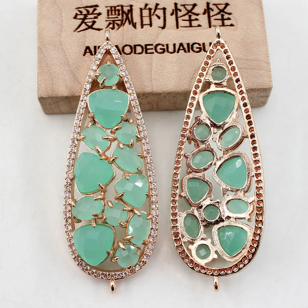 APDGG 2Pcs 19x54mm Green Jade Gold Plated Water drop Pendant Connector For Necklace Bracelet Earrings Jewelry DIY