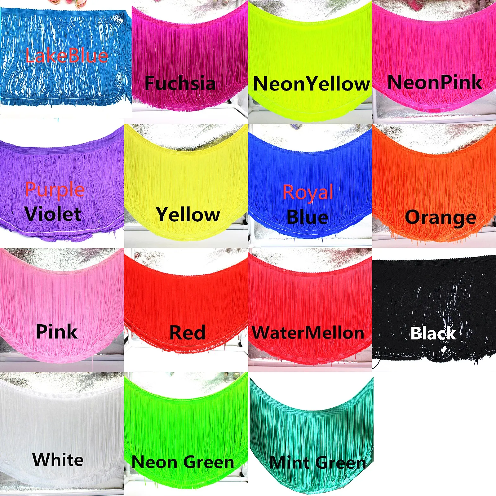 5 Yard frangia nappa pizzo per abito latino morbido Nylon Macrame Samba Dancewear finiture fai da te Neon Fluorence cucito trim 18CM - immagine 3