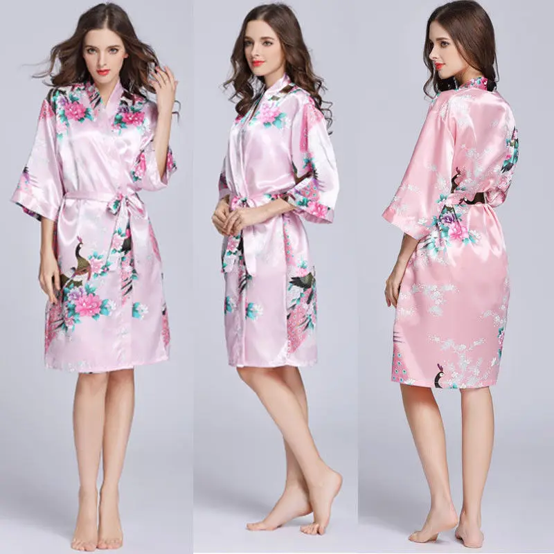 Women´s Satin Robe Kimono Dress Summer Sexy Gown Half Sleeve Floral Print Sleepwear Mini Night Dress Bathrobe