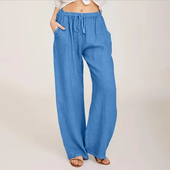 

Casual fashion Women Spring and summer Solid Cotton Linen Drawstring Elastic Waist Long Wide Leg Pants trousers h4