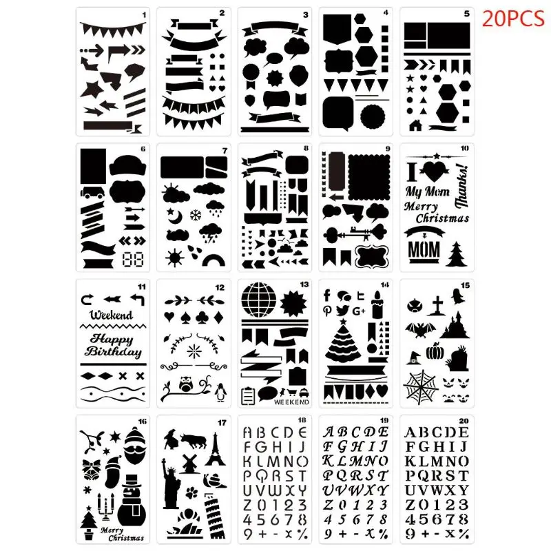 

20pcs/set Journal Drawing Template Stencil Painting Embossing Scrapbooking DIY