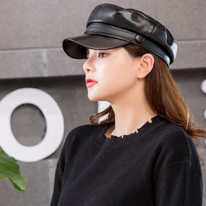 Sailor hat Fashion Unisex PU Leather Military caps Spring Autumn Sailor Hats Women Men Black Grey Flat Top Captain Cap Travel Cadet Hat