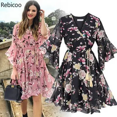 Chiffon High Elastic Waist Party Dress Bow A-line Women Butterfly Sleeve Flower Print Floral Boho Female Vestido Plus Size | Женская