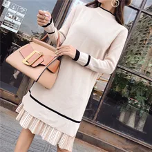 Корейская версия осень зима шаблон женское вязаное платье мода сплайсинга тонкий популярный свитер платье Vestidos