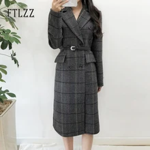Модное женское клетчатое шерстяное пальто, одежда осень-зима, тонкий воротник, двубортная верхняя одежда в Корейском стиле, пальто Casaco