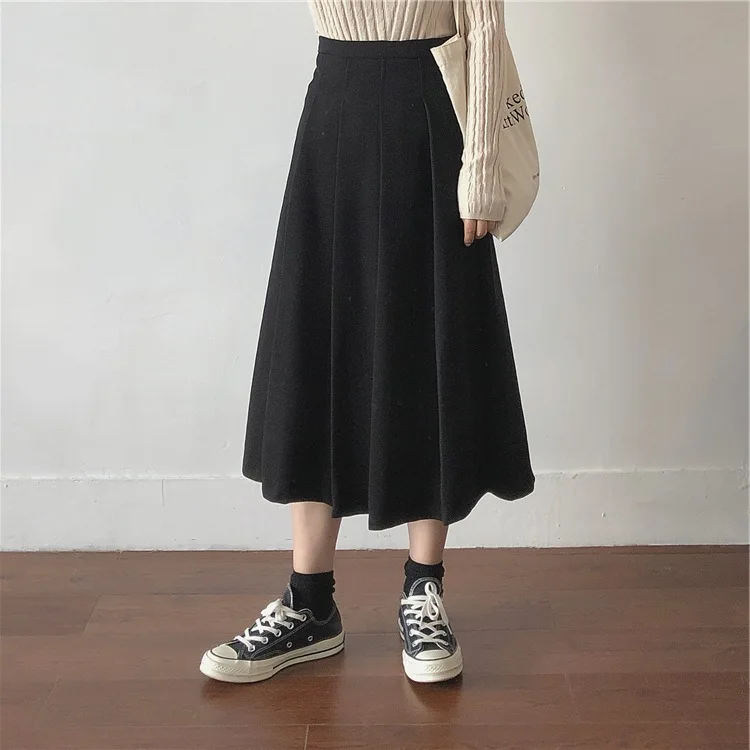 

19 Winter/Retro High-waisted Slimming Woolen Pleated Skirt Women's Versatile Solid Color A- line Skirt Skirt Big Skirt