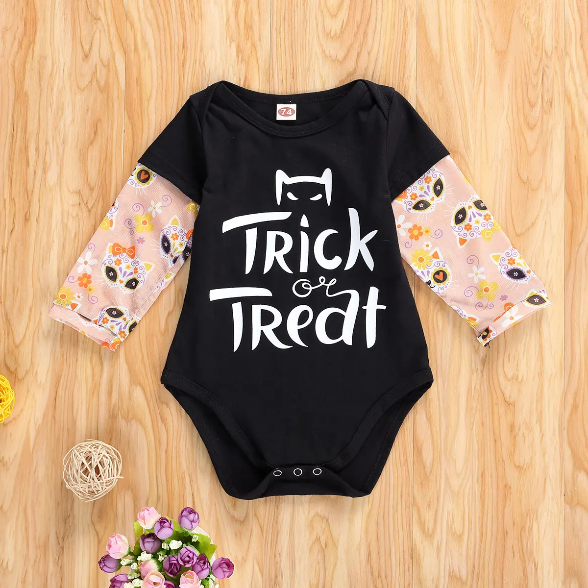 

Baby Halloween Romper Long-Sleeved Jumpsuit Fall Round Collar Crotch Buttons Smile Words Printed Clothes Comfortable Suit