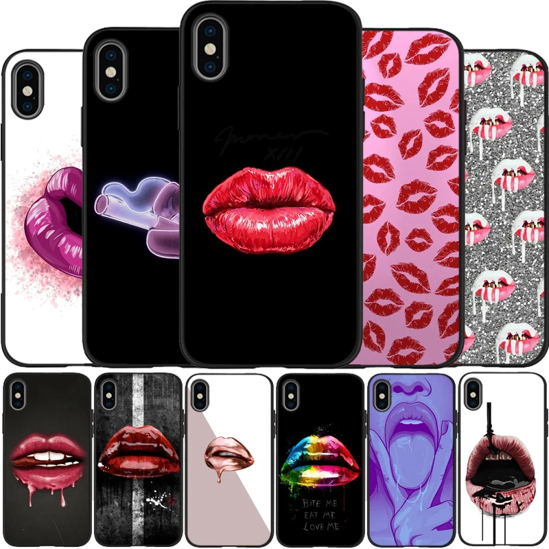 Сексуальная девушка Красные Губы Поцелуй черный чехол для телефона iPhone SE 5 6 6S 7 8