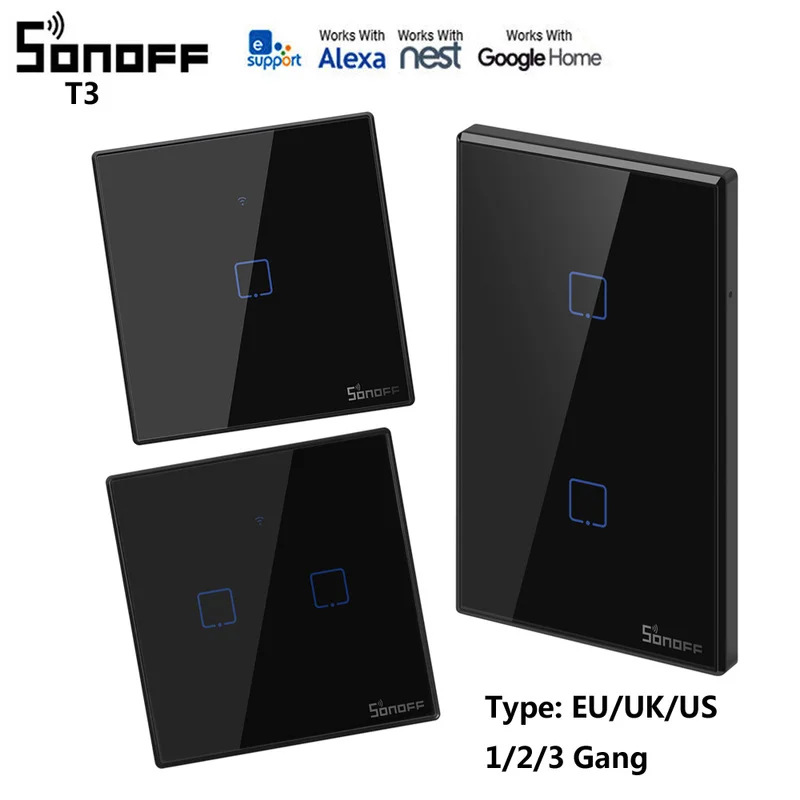 

SONOFF T3 smart switch panel EU/UK/US type 1/2/3 Gang Work with Alexa Google home 433mhz RF control by eWeLink for Dropshipping