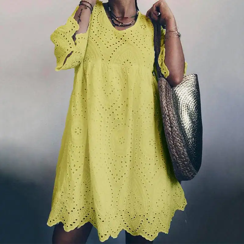 Цвет: желтый Элегантное открытое Платье До Колена женские летние сарафаны ZANZEA с расклешенными рукавами кружевные платья женские Bohemain Robe негабаритные - Цвет: Цвет: желтый