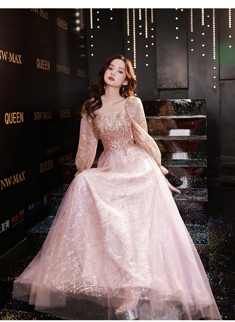 Long Sleeve Evening Dresses 2022 Elegant Square Neck A-Line Floor-Length Appliques Sequined Lace Women Formal Gowns plus size gowns