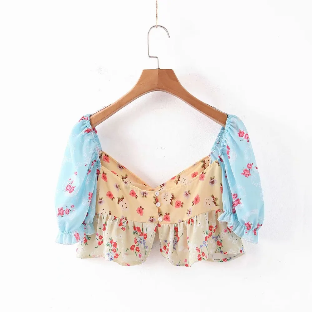 Linjiashop/комплект из двух предметов, укороченный топ Soleil, комбинированный цветочный принт, юбка Weber, фиксированный плоский пояс, заниженная талия, костюм, комплект
