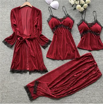 

4PCS Sleep Set Women Velour Pajamas Suit Sleepwear Home Clothing Night Wear Velvet Autumn Winter Homewear Intimate Lingerie