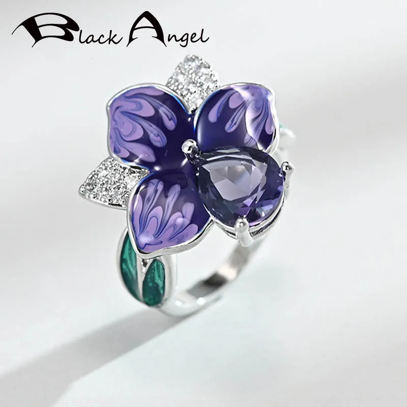 

BLACK ANGEL Purple Enamel Russia Flowers Ring 925 Silver Amethyst Wedding Finger Rings 2020 New Jewelry Wholesale