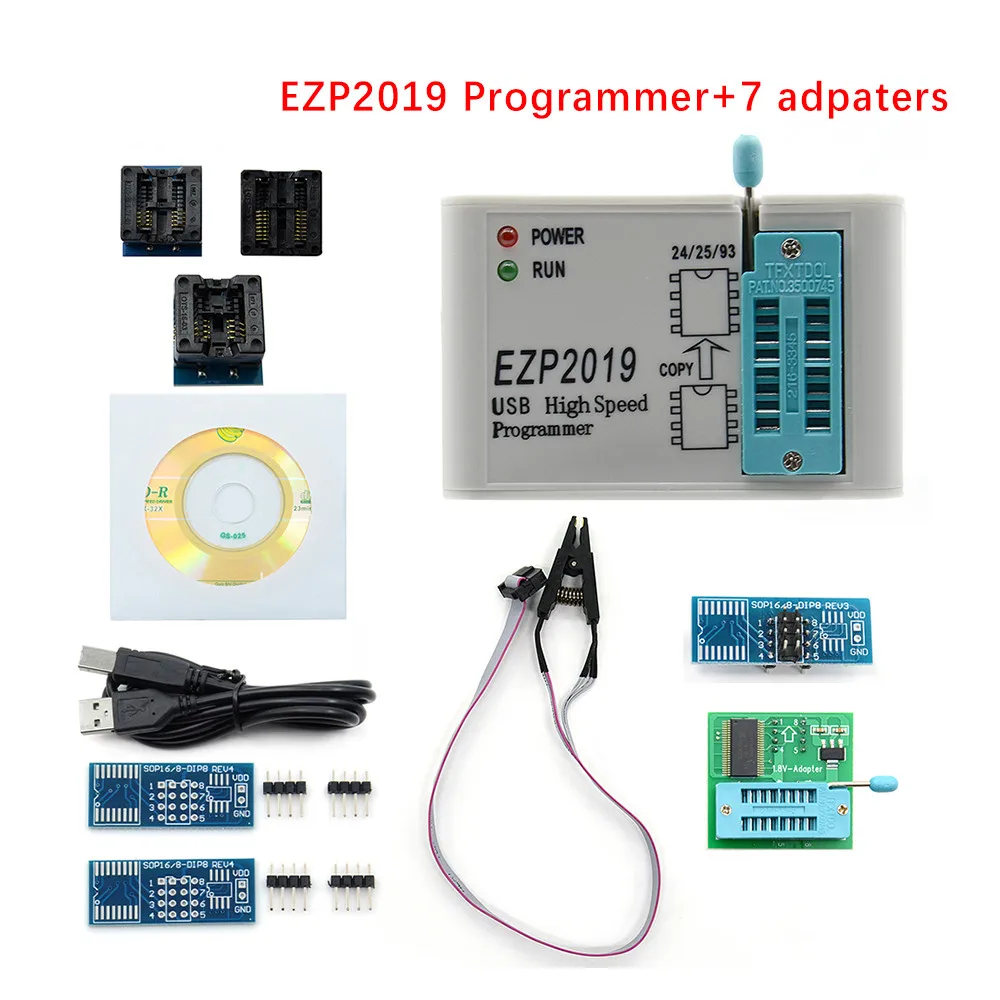 EZP высокое Скорость USB программист EZP2019, украшенное мозаикой из драгоценных камней, 12 розетки Поддержка 24 25 26 93 EEPROM 25 флэш-память, BIOS Чип Поддержка WIN7& WIN8 - Цвет: EZP2019 with 7 adpat