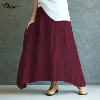 

Celmia 2020 Summer Women Vintage Maxi Skirts Fashion Casual Loose Solid Long Skirt Elastic Waist Ladies Pleated Skirts Plus Size