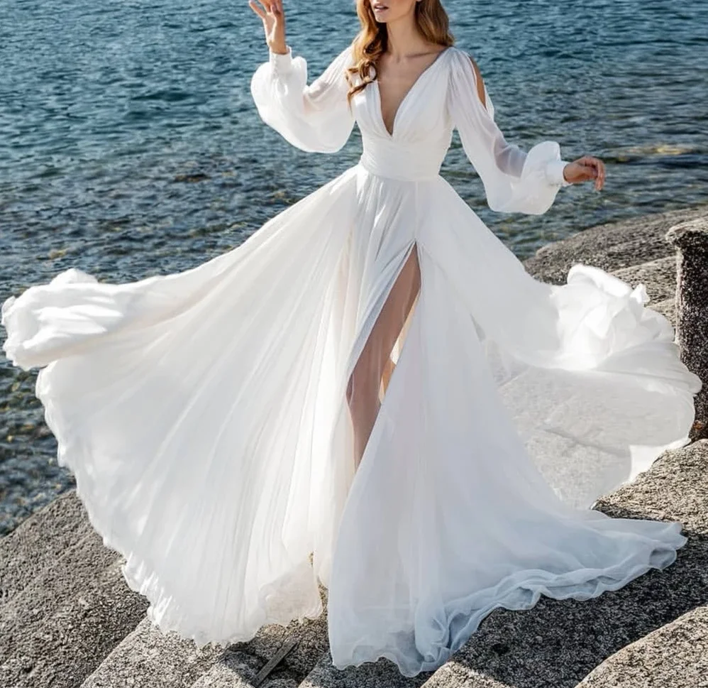 Vestido De Noiva, простые шифоновые свадебные платья в стиле бохо с v-образным вырезом, платье для невесты с длинным рукавом, свадебные платья с разрезом по бокам