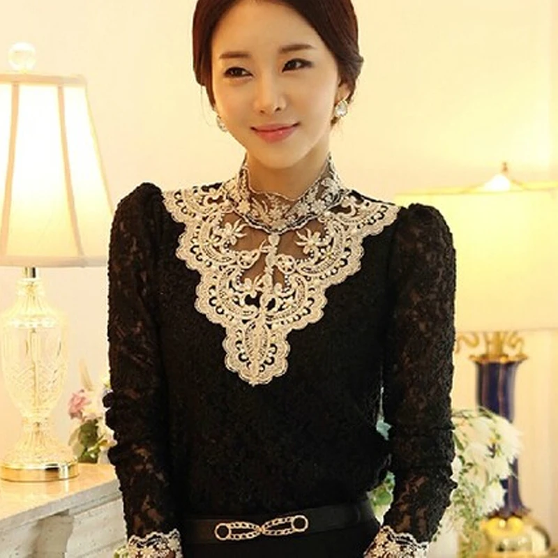 Ceny Moda Hollow out kobiety Sexy bluzka haftowana z koronki koszula odzież damska stojak szyi kwiatowy Plus rozmiar kobiecy topy Blusa 70A3