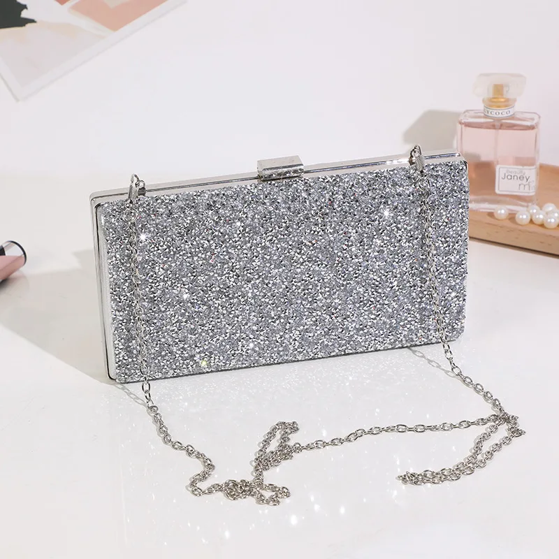 Women's Sequin Evening Clutches Handbag Purse Designer Shiny Clip Shoulder Bags Silver Chain Crossbody Ladies Small Party Bags