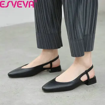 

ESVEVA 2020 Square Heel Slingback Sandals Quality Cow Leather Ladies Pumps Back Strap Pointed Toe Summer Women Shoes Size 34-40
