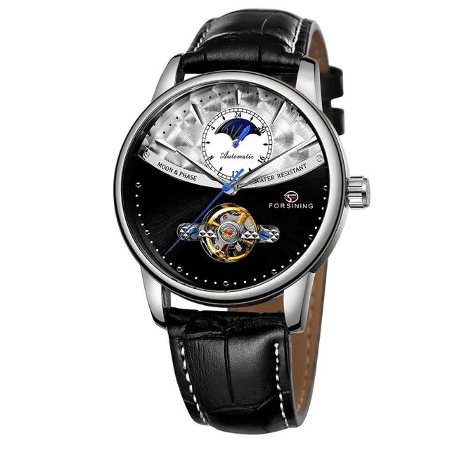 Forsining Moonphase автоматические механические часы мужские классические кожаные водонепроницаемые деловые повседневные часы Tourbillon Reloj Hombres - Цвет: silver white black