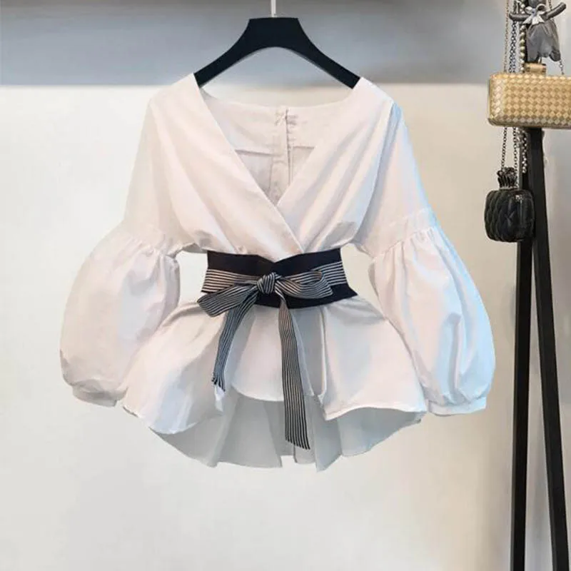  Lantern Sleeve Blouse Shirt Women 2019 Fashion Korean Style Summer Bow V-neck Striped Shirt Elegant