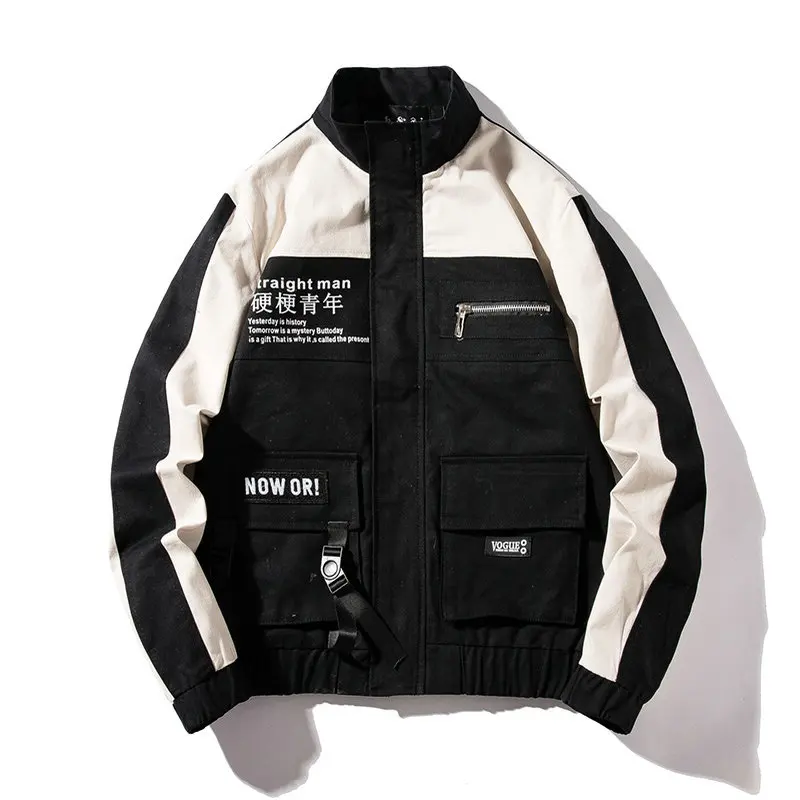 

Hip Hop Mens Windbreaker Jacket Autumn 2019 Casual Vintage Color Block Loose Track Jacket Coats Streetwear HipHop Black