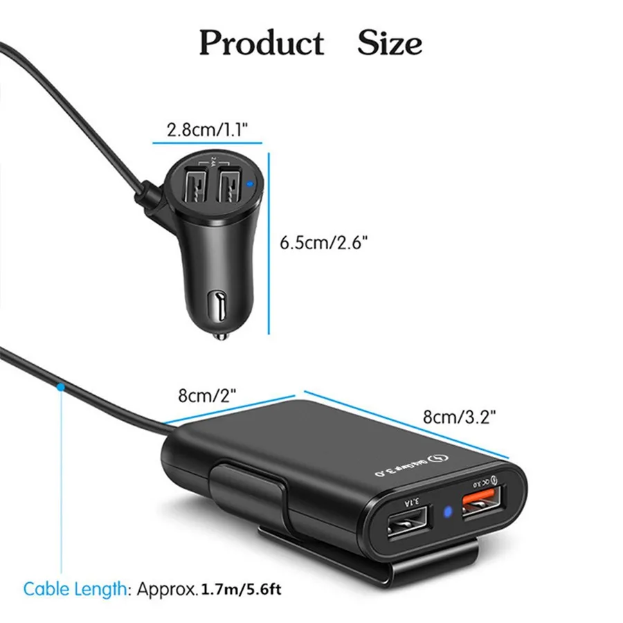 Быстрое зарядное устройство QC 3,0 3.1A 4 порта USB Автомобильное зарядное устройство быстрое автомобильное зарядное устройство 5.6ft удлинитель для заднего сиденья iPhone iPad Xiaomi зарядное устройство