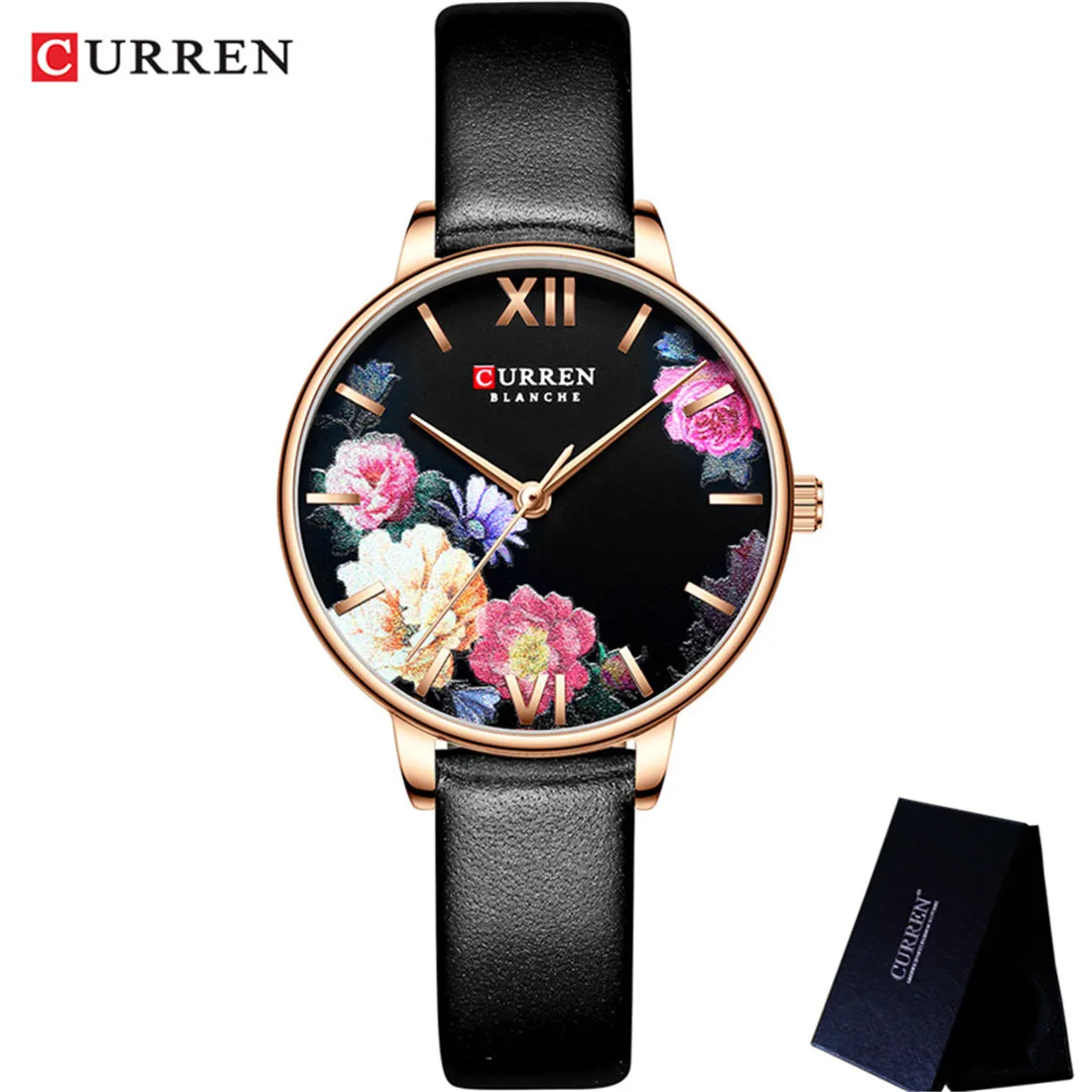 CU906007 with box CURREN женские часы лучший бренд Роскошные черные женские часы сетка браслет из нержавеющей стали цветок Модные женские наручные часы 9060 - Цвет: CU906007 with box