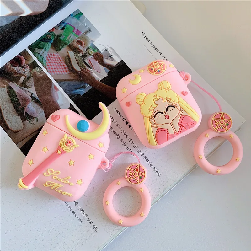 

3D Sailor Moon Wand Bluetooth Earphone Case for Airpods 1 2 Cute Accessories Protective Cover with Ring Strap Cartoon Silicone