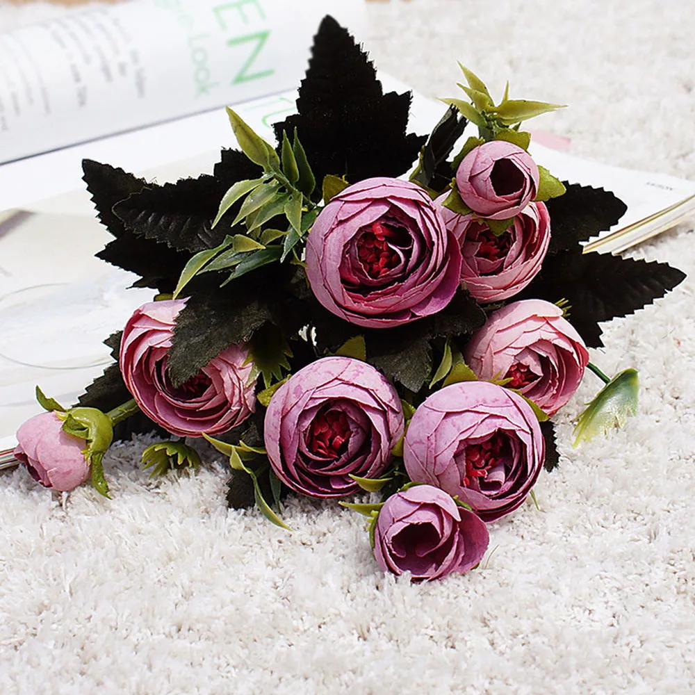 Искусственные Розы Шелковый цветок свадебный букет украшение для дома вечерние подарок 9 голов синий/белый/розовый фиолетовый/розовый/фиолетовый/розово-красный