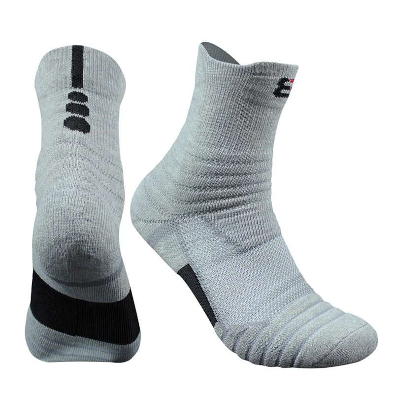 Professional Sport Socks Thick Compression Basketball Sock Outdoor Ski Mountain Hiking Fitness Tubing Sweat Towel Men Socks - Color: B grey