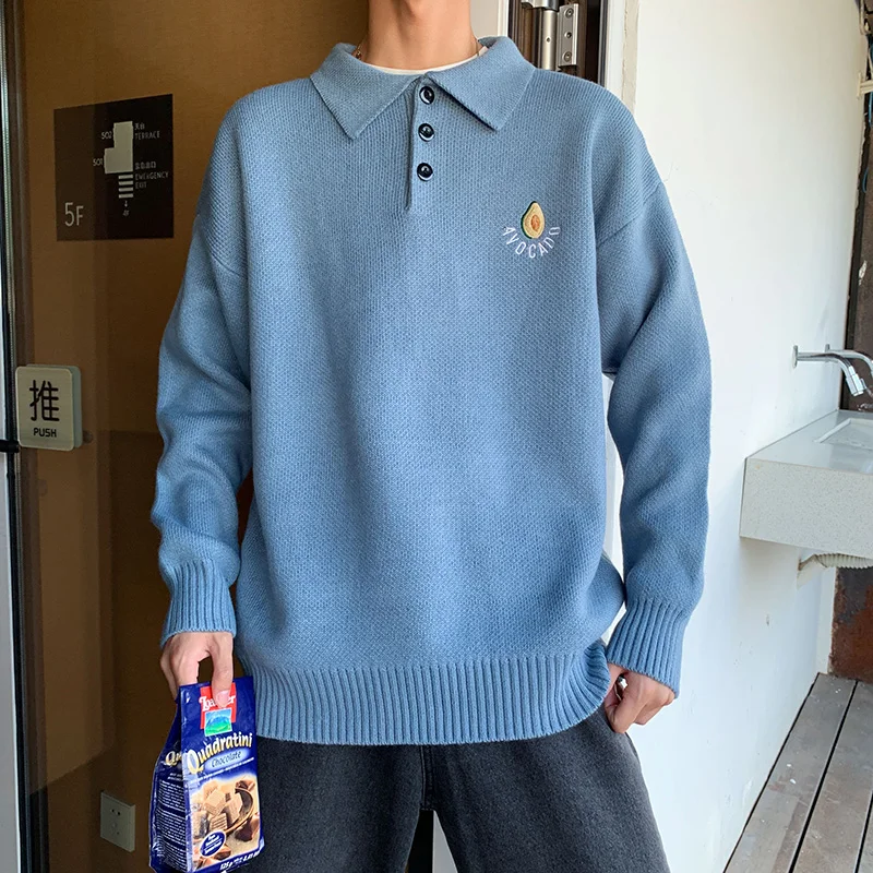 Sweater autumn men's fashion loose embroidered sweater knit men's lapel personality solid color long-sleeved pullover sweater Sweater autumn men's fashion loose embroidered sweater knit men's lapel personality solid color long-sleeved pullover sweater