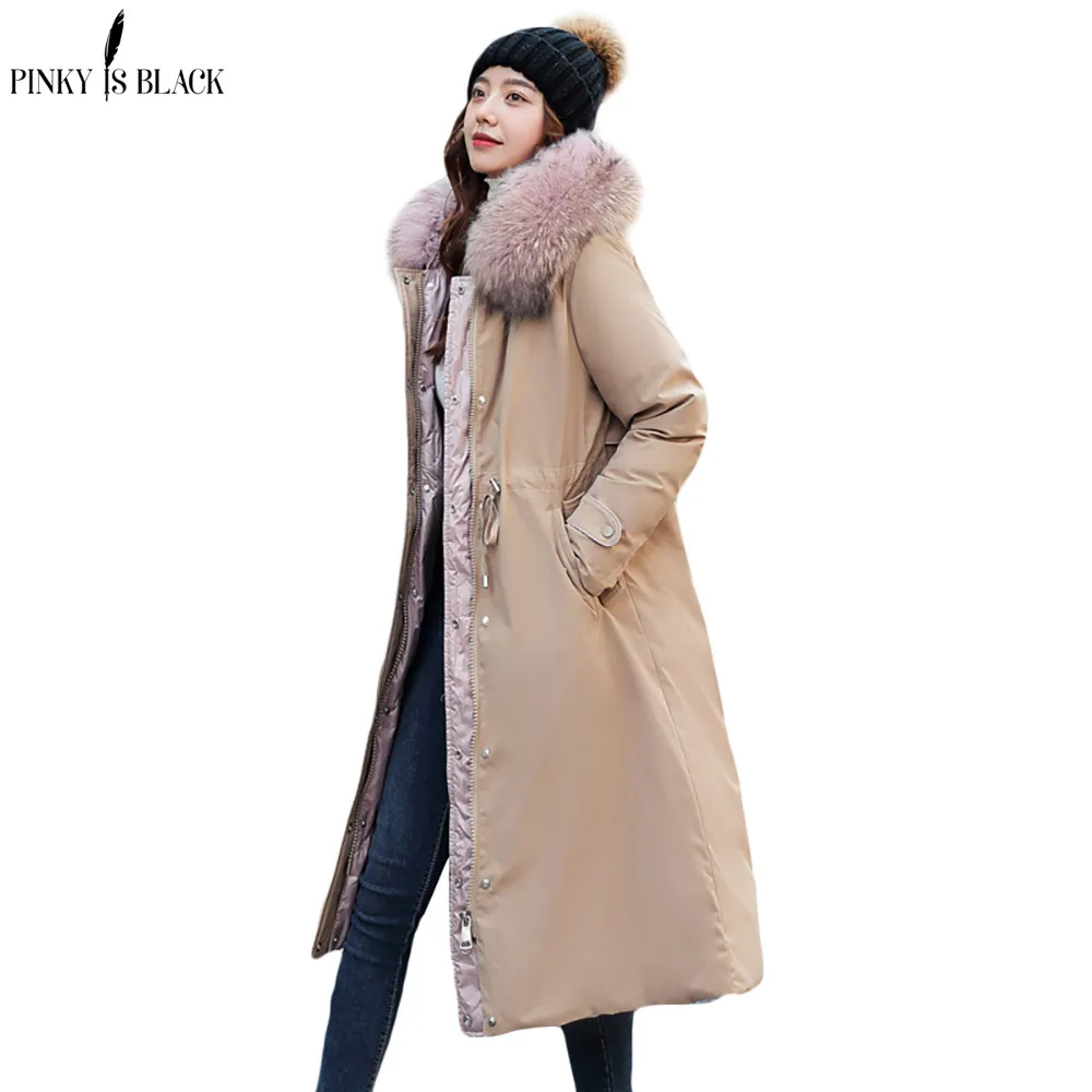 

PinkyIsBlack 2021 New Cotton Padded Liner Parkas Fashion Fur Collar Winter Jacket Women Long Hooded Winter Coat Two Sides Wear