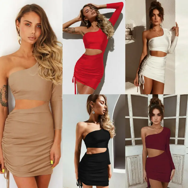 

2020 Sexy Solid Color Hollow Womens Dresses Bandage Bodycon One Shoulder Evening Party Club Short Mini Dress