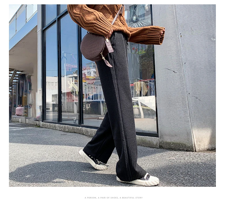 Genayooa Plus Size Knitting Wide Leg Pants Casual Woman Trousers Winter Streetwear Elastic Wear Pants Big Size Trousers