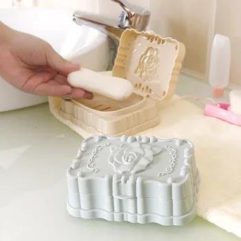 

Rose Flower Soap Dish Holder with Cover Punch-free Soap Box Drainer Soap Container Case Bathroom Accessories