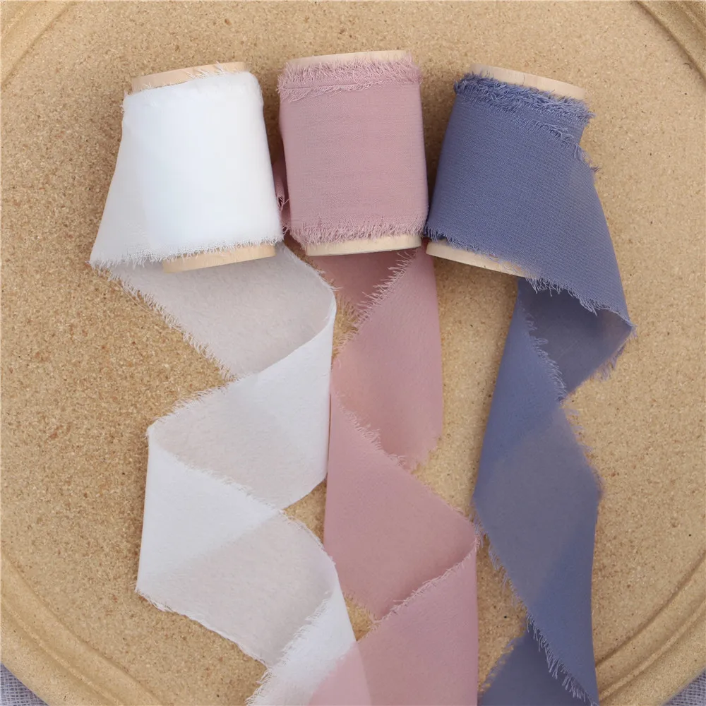 

3pcs Frayed Chiffon Silk Ribbon with Wood Spool 4cmx5m Wedding Invitation Bouquets Handmade Ribbon Backdrop Craft Flatlays Decor