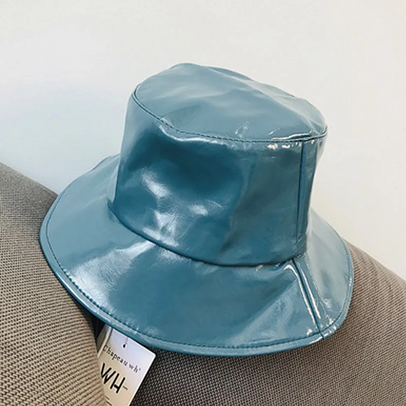 

New Solid Color PU Leather Bucket hats Warm Autumn Winter Hats Wide Brim Outdoor Women Hat Waterproof Rain Hat Fishmen Cap